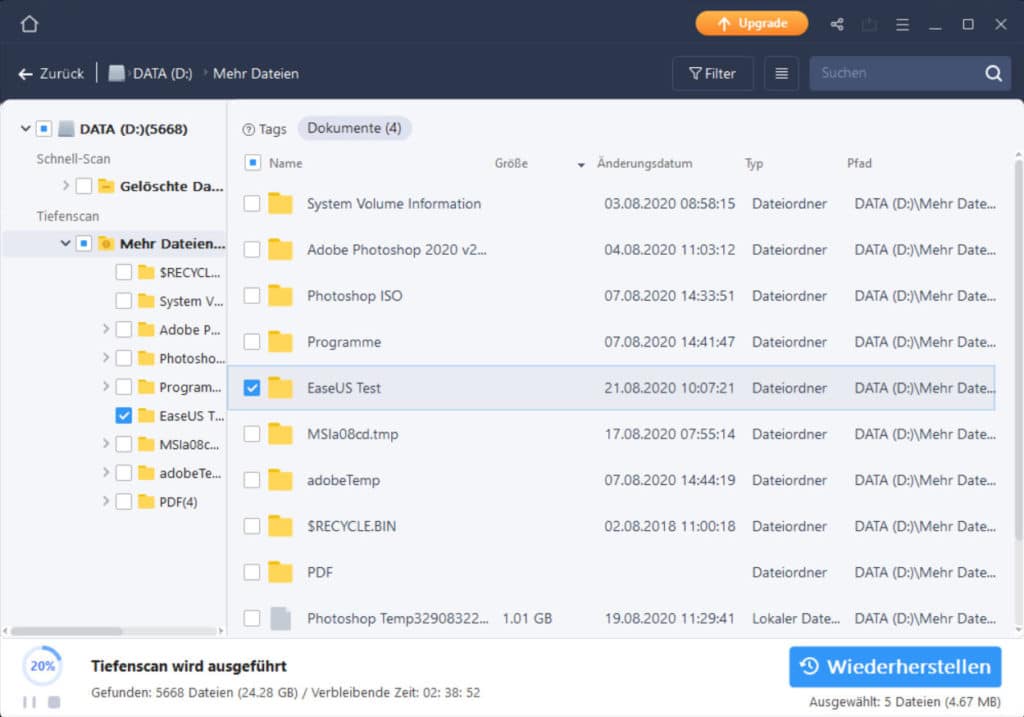 Gelöschte Dateien wiederherstellen - EaseUS Data Recovery Wizard 4