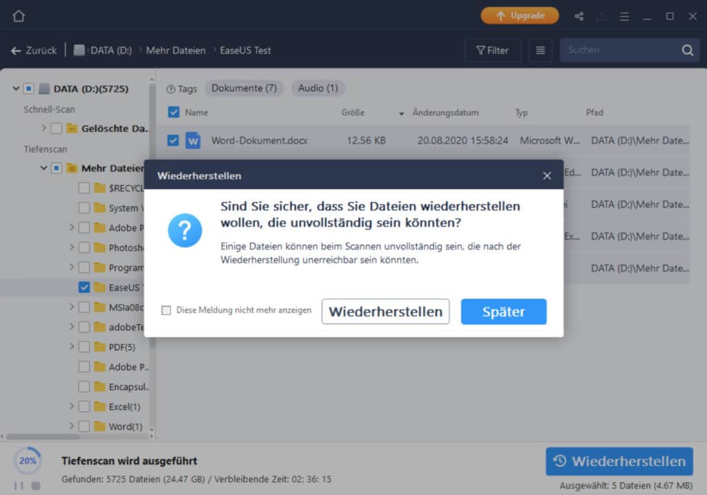 Gelöschte Dateien wiederherstellen - EaseUS Data Recovery Wizard 5