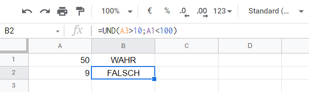 Gemeinsame Verwendung der logischen Funktionen WENN, UND, ODER in Google Tabellen 2