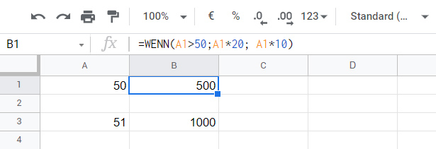Gemeinsame Verwendung der logischen Funktionen WENN, UND, ODER in Google Tabellen 1