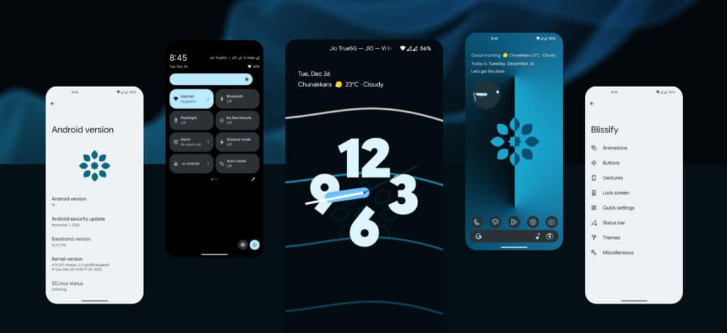 Fünf Smartphones zeigen verschiedene Bildschirme wie Android-Versionsinformationen, Uhr, Einstellungsmenü und andere Apps auf einem dunkelblauen, seidigen Hintergrund.